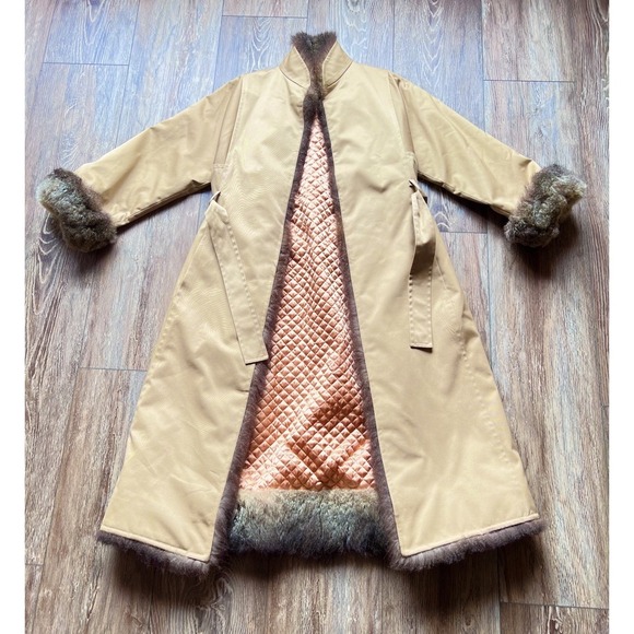 Vintage Jackets & Blazers - Vintage 60s 70s Tan Coat Genuine Fur Trim Quilted Lining Belted Mod Camel M/L